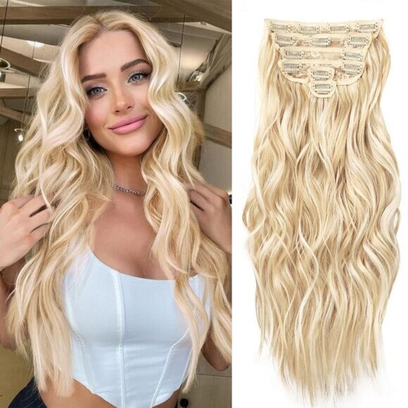6PCS 20" Wavy Curly Blonde Mix Bleach Blonde Clip-In Hair Extensions for Women